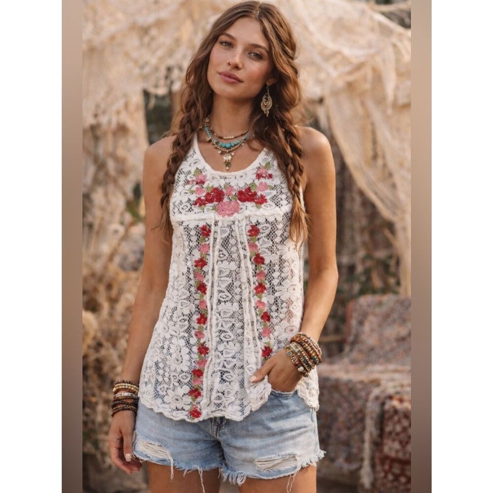 Anthropologie Raga Boho Chic White Lace Tank Top with Pink Floral Embroidery